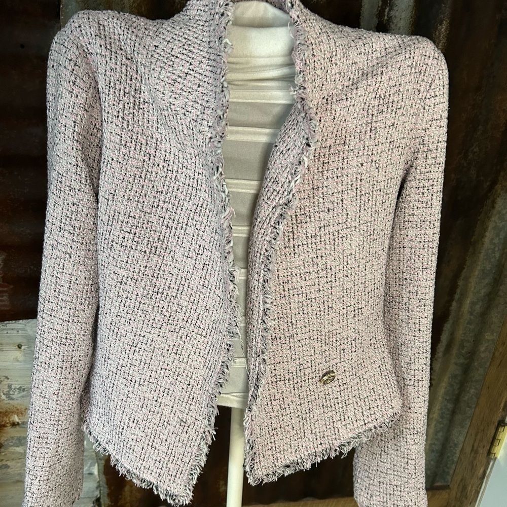 Sugar + Lipz Tweed Fringe Jacket- Pink- Open Front - Picture 3 of 10